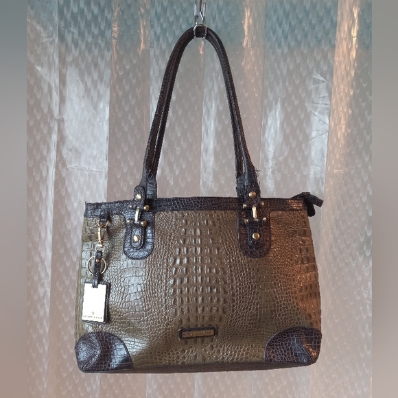 Etienne Aigner Olive Green Croc Embossed Leather Tote Bag